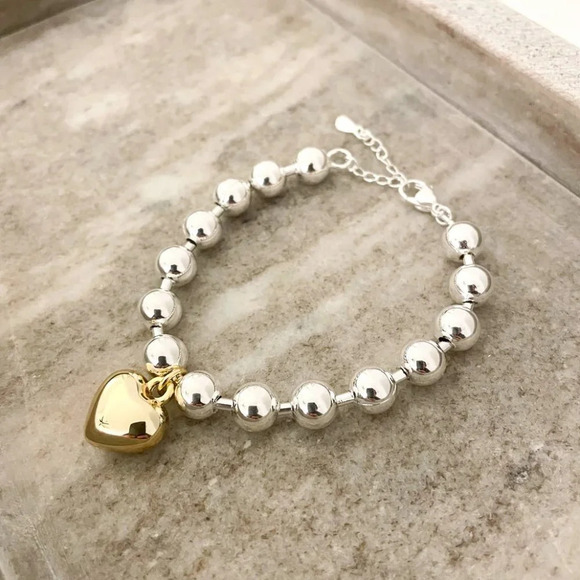925 Sterling Silver Bead Bracelet Two Tone Chunky Heart Bracelet Dangle Heart - Picture 2 of 3